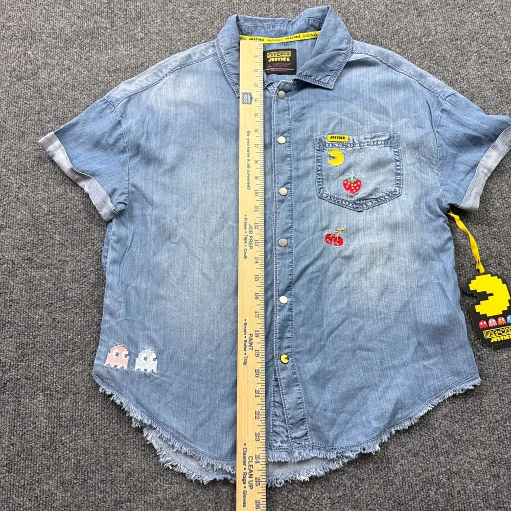 Justice Pac-Man Denim Shirt Girls Large 12/14 Embroidered Raw Hem Gamer Chambray